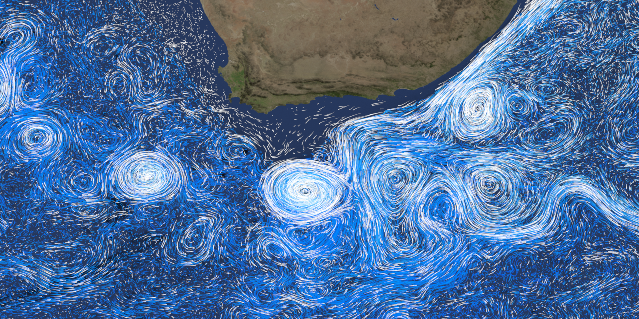 Ocean-current streamlines forming eddies south of Africa